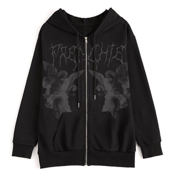 Emmiol Black Cherub Print Zipper Hoodie. Size Medium.  EUC! - Picture 1 of 8